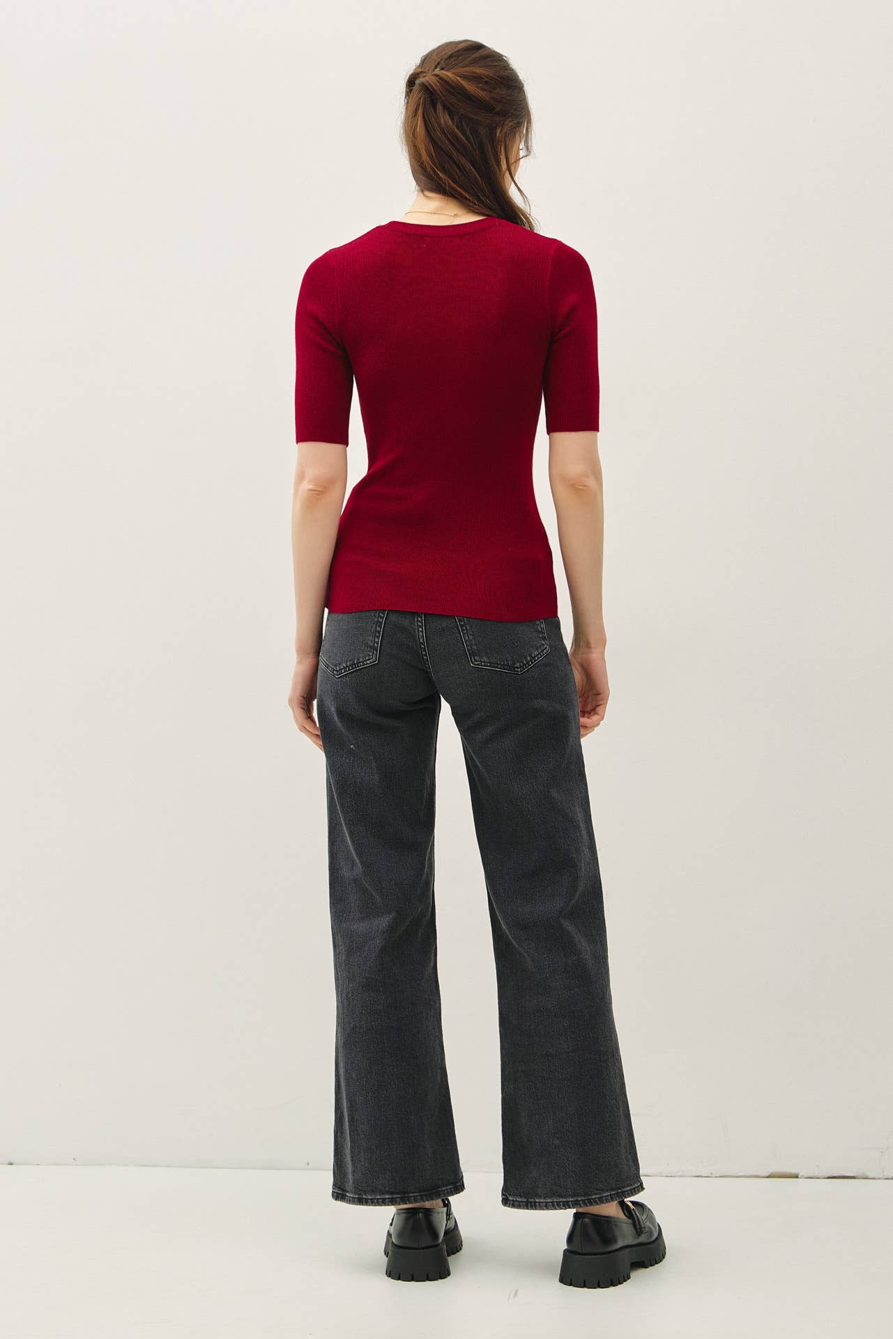 CLASSIC SOLID HALF SLEEVE RIB KNIT TOP