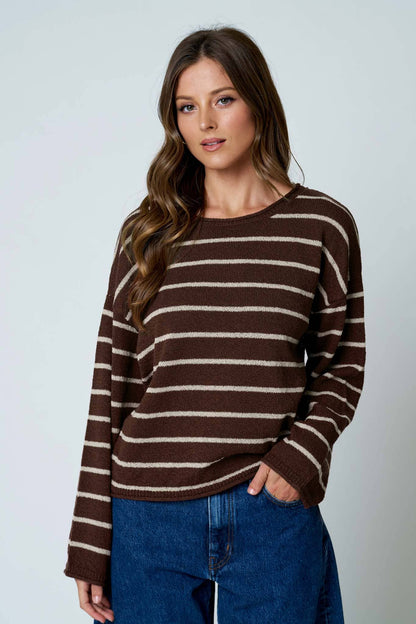 STRIPE TEXTURED RAW EDGE LONG SLEEVE KNIT SWEATER