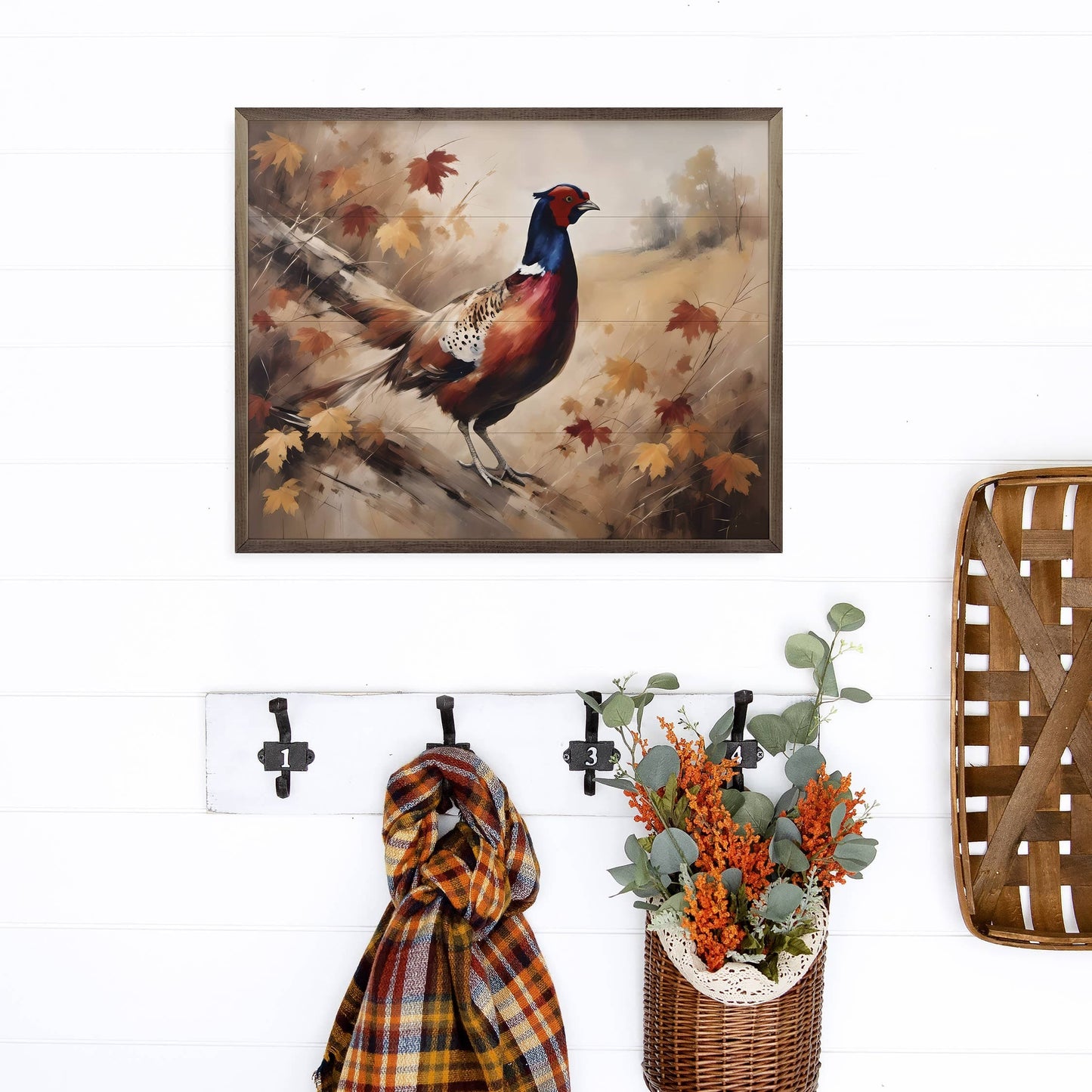 Framed fall pheasant painting in brown wood frame, autumn leaves, warm tones