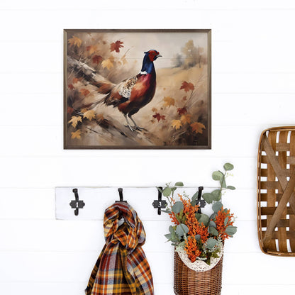 Framed fall pheasant painting in brown wood frame, autumn leaves, warm tones