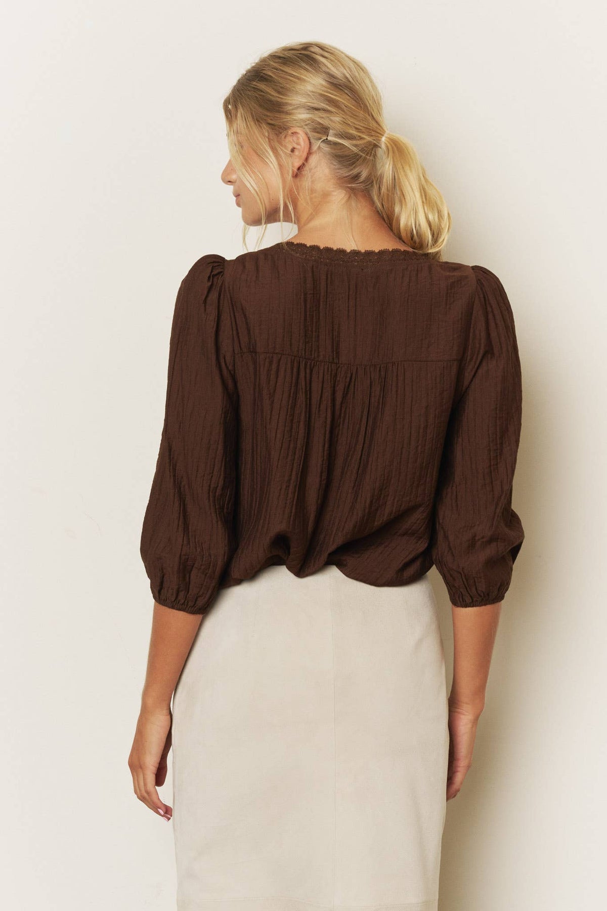 LACE YOKE BUTTON DOWN 3/4 SLEEVE TOP