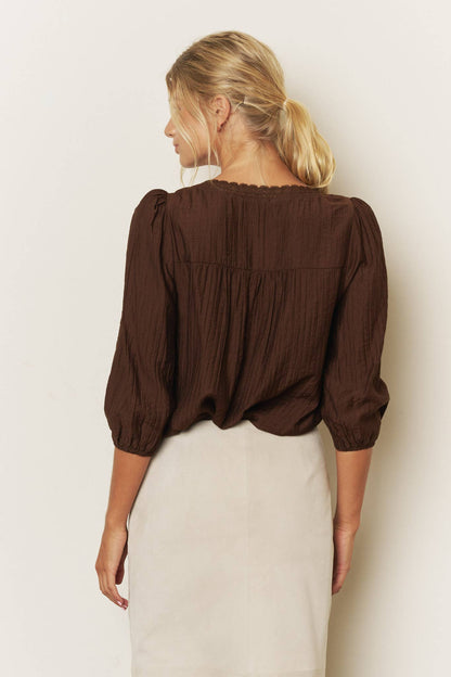 LACE YOKE BUTTON DOWN 3/4 SLEEVE TOP