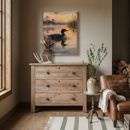 Loon at sunrise wall art print displayed above rustic wood dresser in cozy cabin room