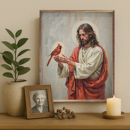 Framed painting of Jesus holding a red cardinal bird, displayed on wooden shelf