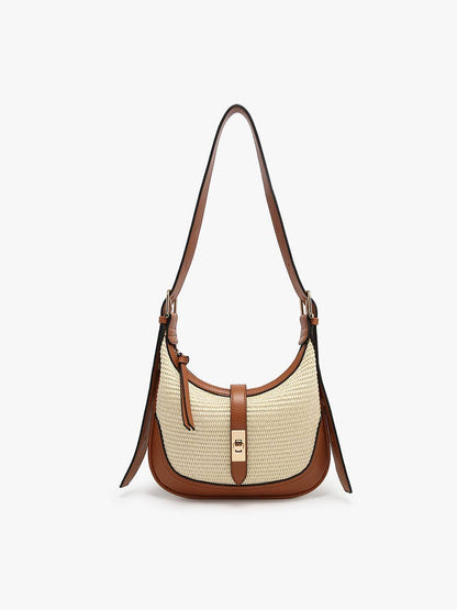 Ariana Straw Shoulder Bag w/ Top Zip & Twist-Lock Closure Purse