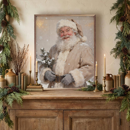 Framed vintage Santa Claus wall art print displayed on rustic wooden sideboard with holiday decor