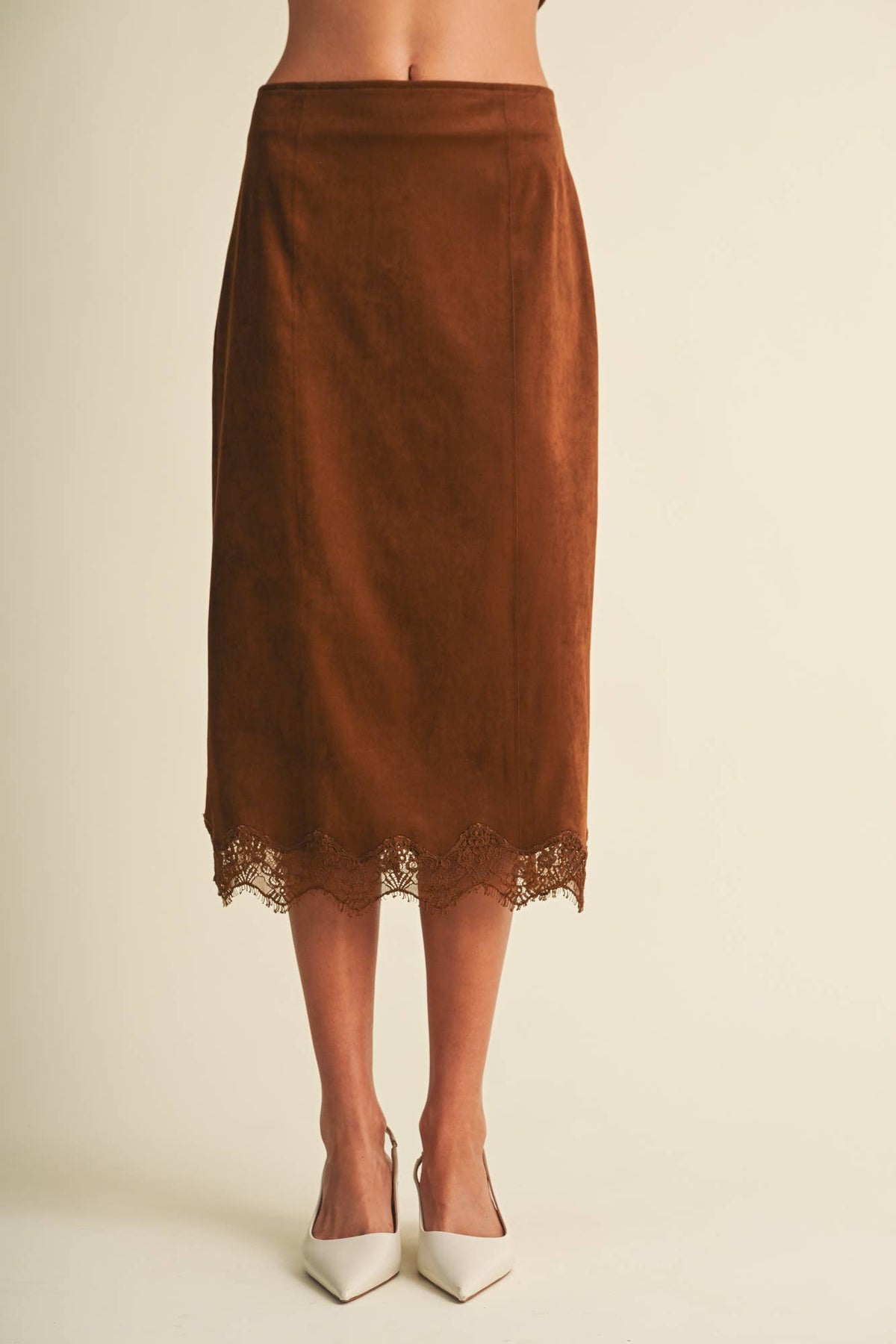 Scallop-Trim Microsuede Midi Skirt
