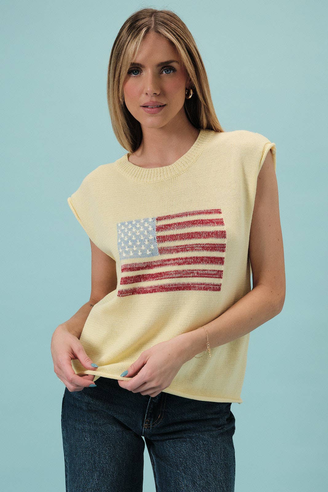 Crew Neck Wide Shoulder USA Flag Sweater