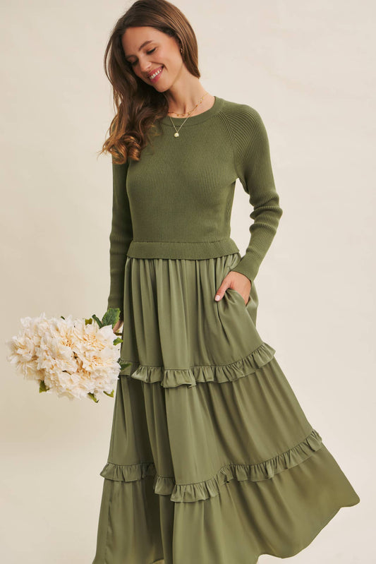 COMFORTABLE SWEATER AND SATIN TWOFER MAXI DRESS