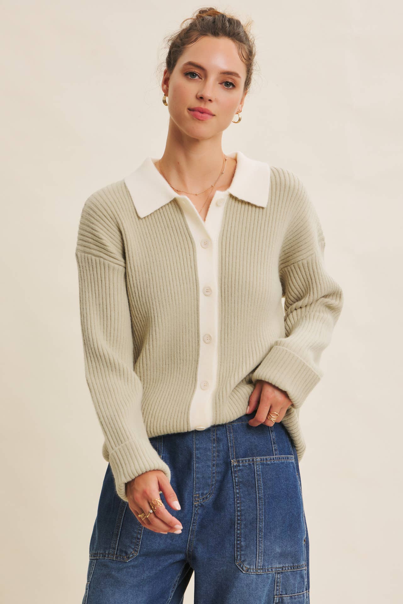 SOFTLY STRUCTURED CONTRAST RIBBED SWEATER CARDIGAN