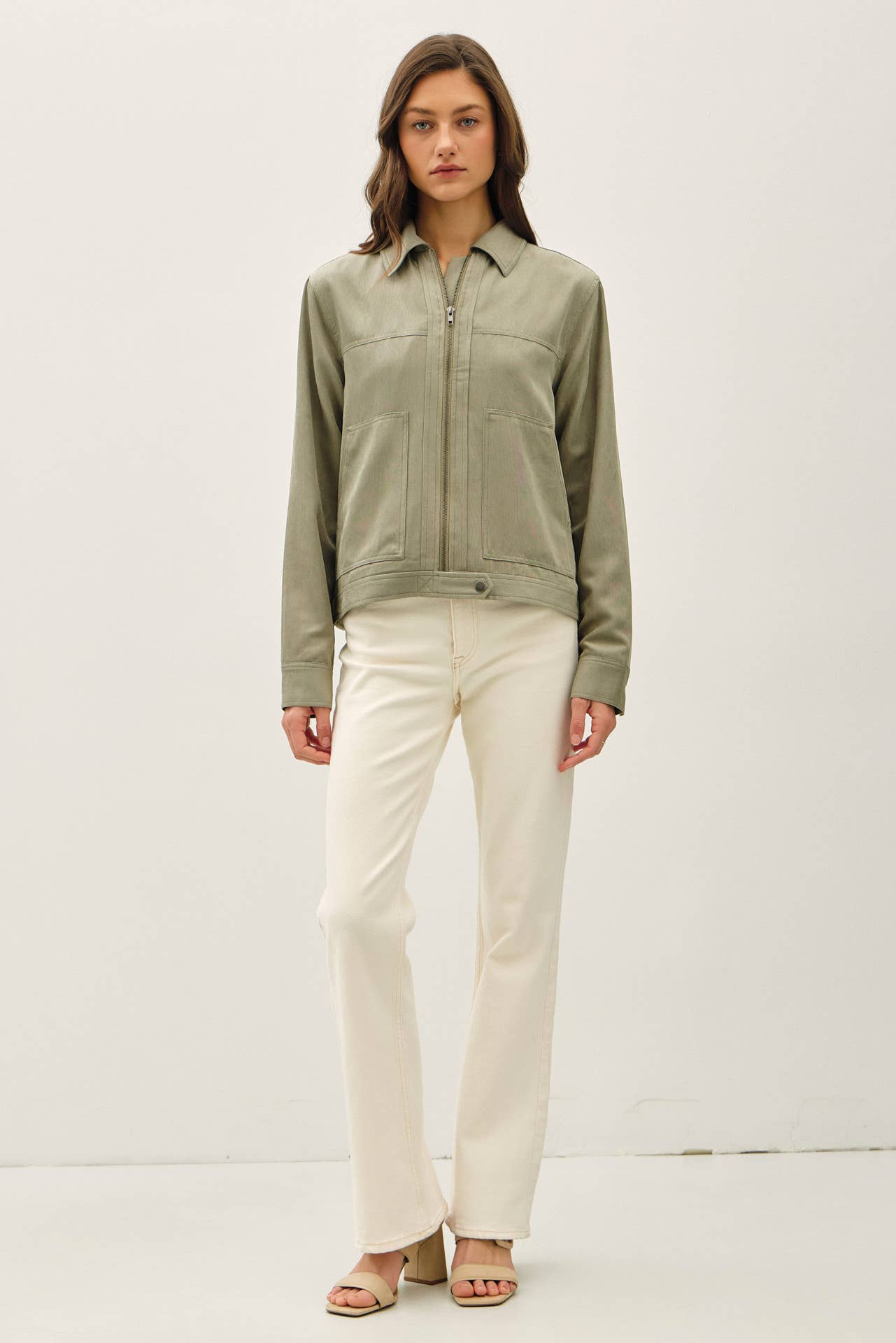 SUEDE FEEL COLLARED ZIP UP JACKETS