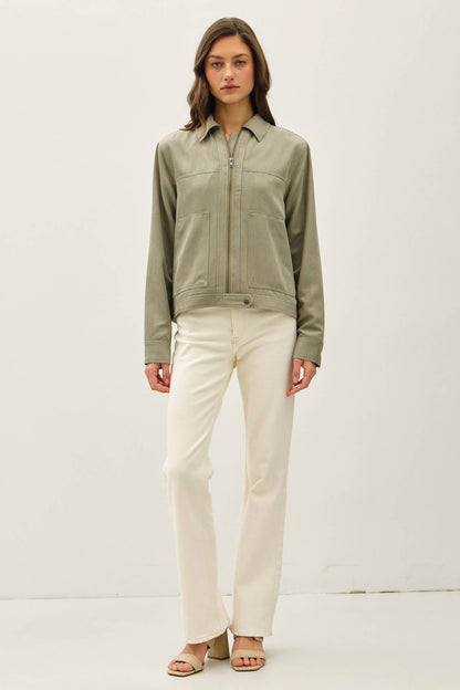 SUEDE FEEL COLLARED ZIP UP JACKETS