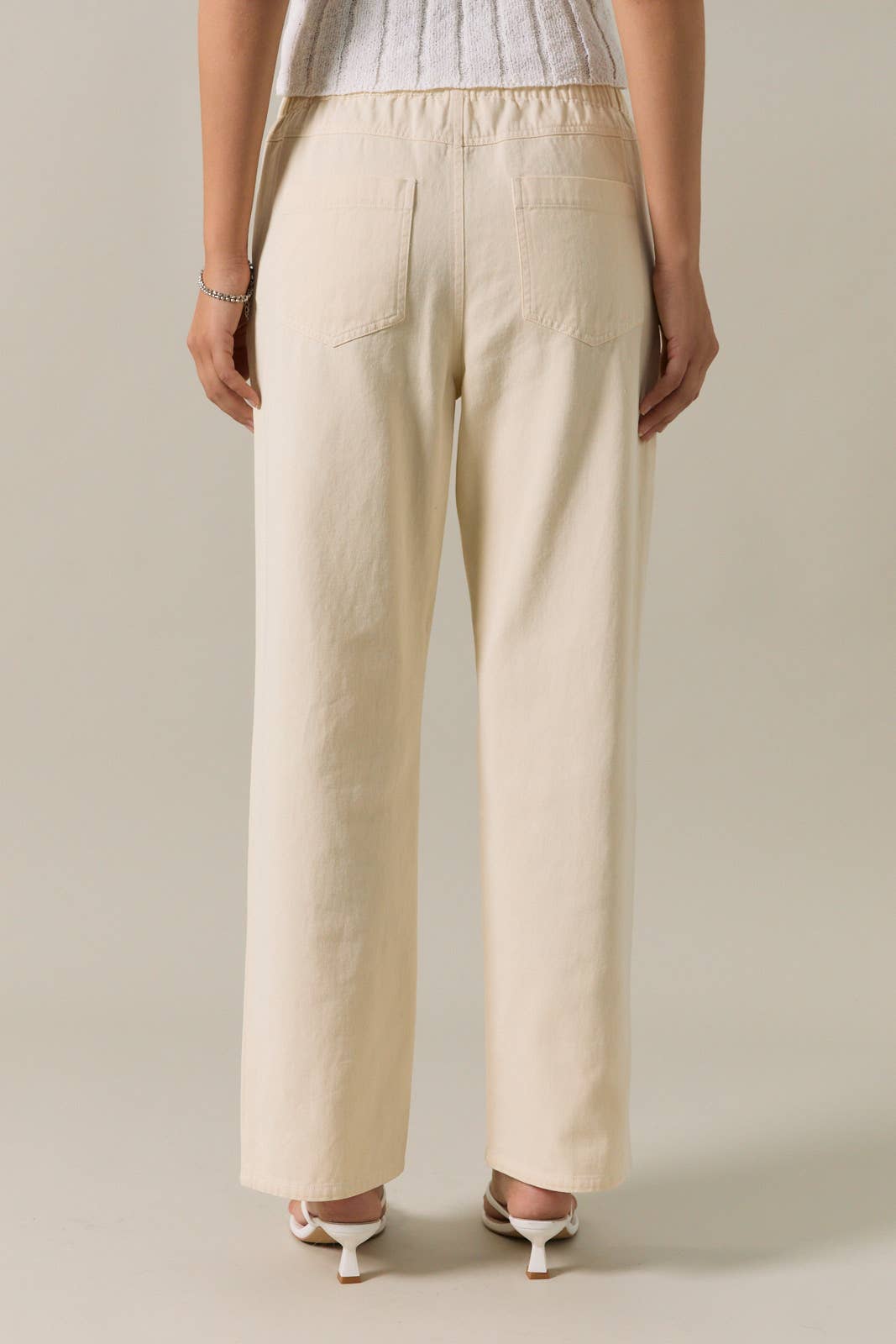 Midi Rise Ties On Waist Eyelet Trim Straight Fit Twill Pants