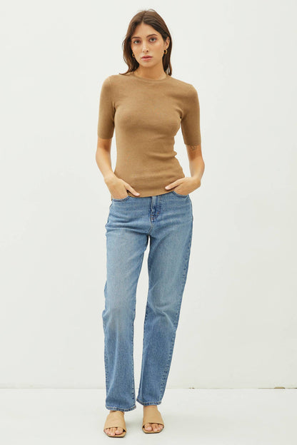 CLASSIC SOLID HALF SLEEVE RIB KNIT TOP
