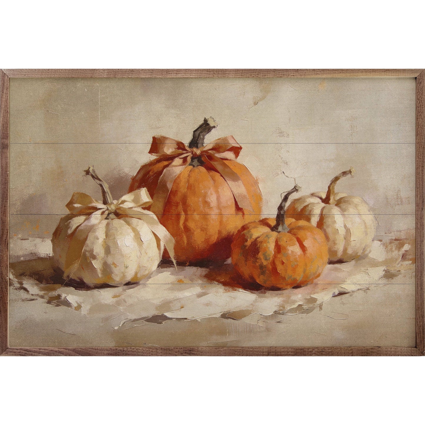 Framed oil painting of orange and white pumpkins with satin bows, autumn still life