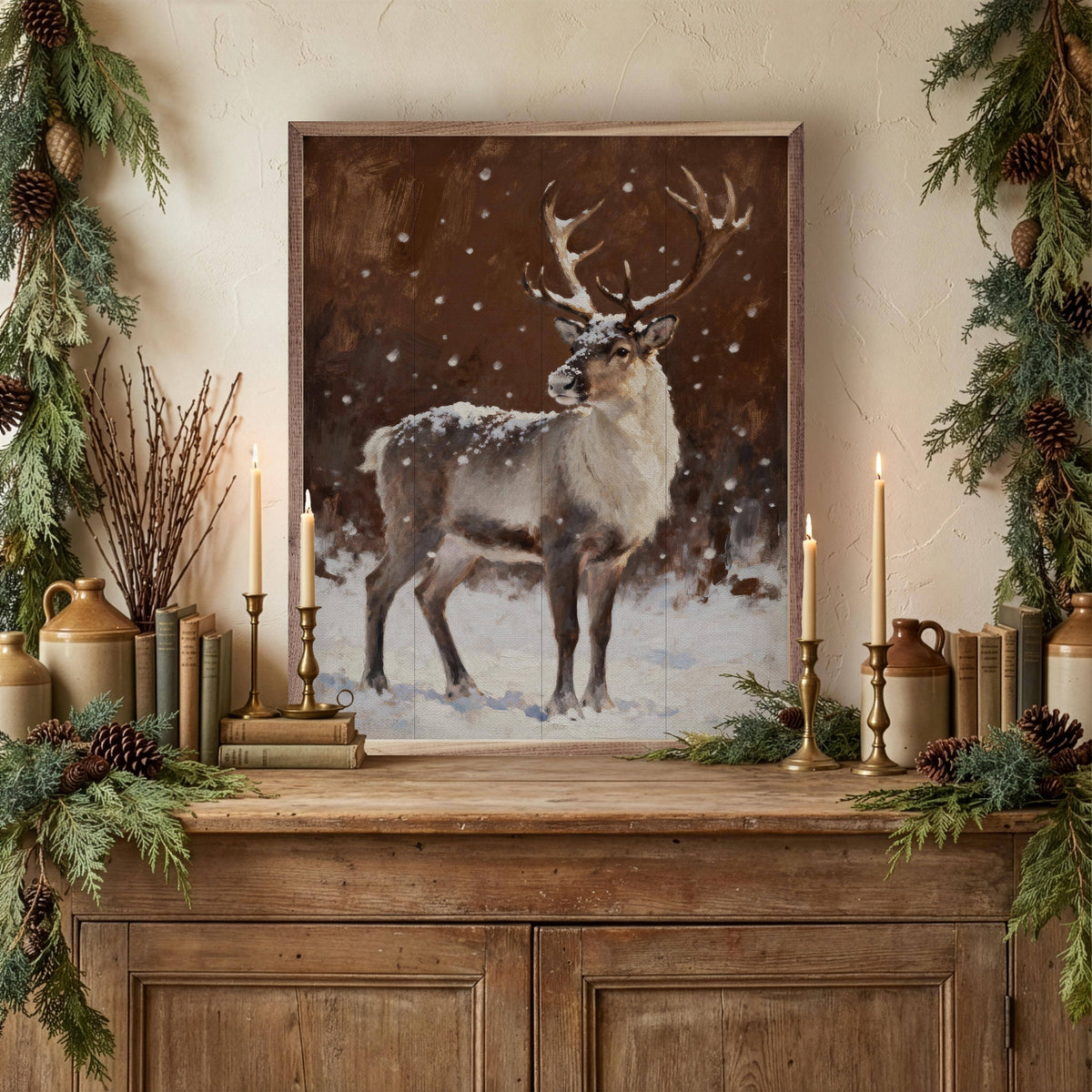 Framed reindeer oil painting in snow, brown tones, rustic wood frame