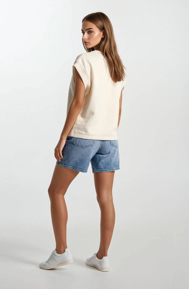 FLORAL EMBROIDERY PRINT & TERRY MIX MUSCLE TOP