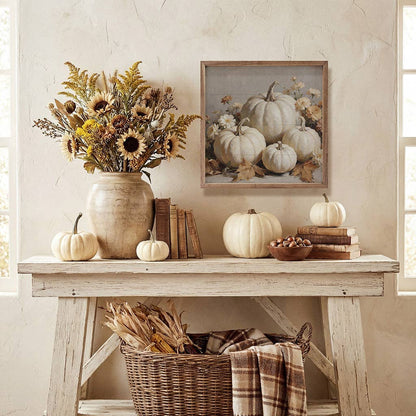 Framed white pumpkin and floral still life art print in rustic wood frame