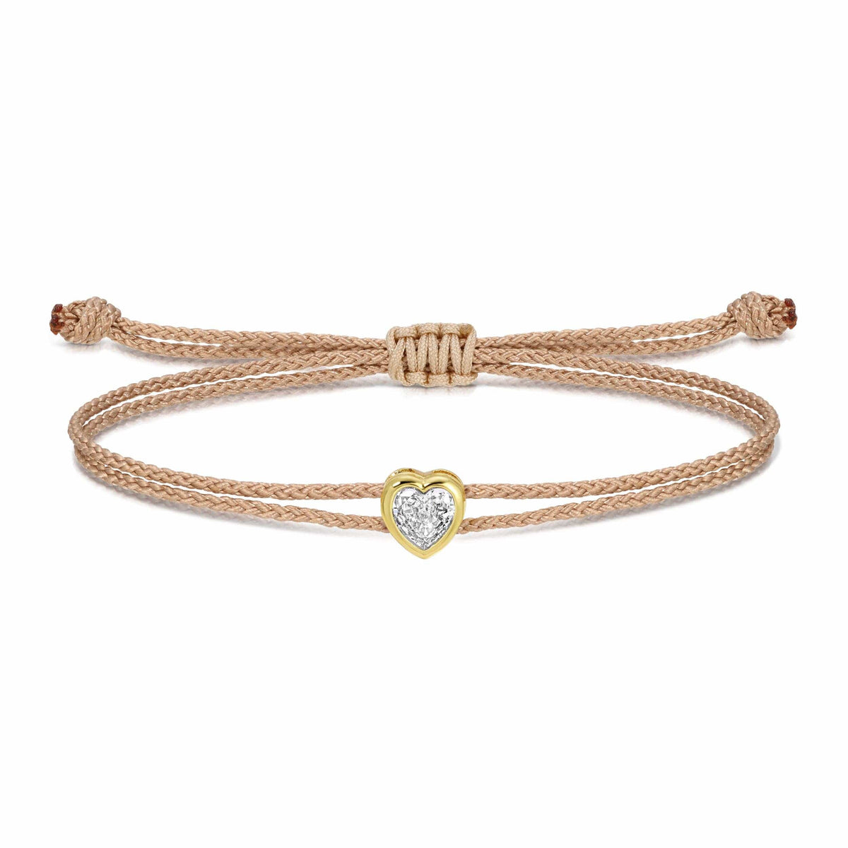 Taupe braided cord adjustable bracelet with gold-framed cubic zirconia heart charm