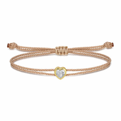 Taupe braided cord adjustable bracelet with gold-framed cubic zirconia heart charm