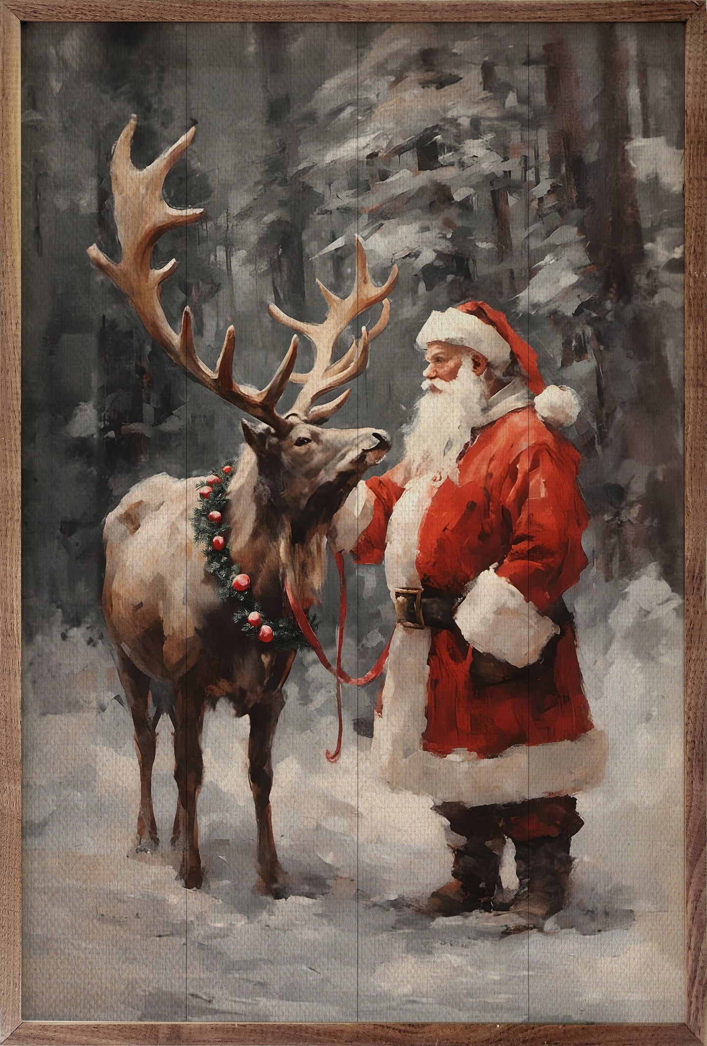 Santa And Reindeer Color Art Print