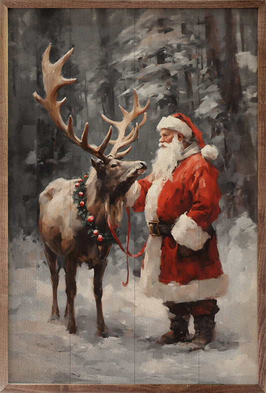 Santa And Reindeer Color Art Print