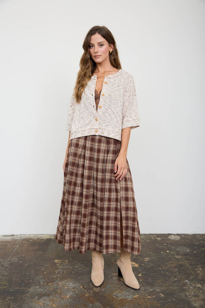 MARLED BUTTON DOWN SHORT SLEEVE RAW EDGE KNIT TOP
