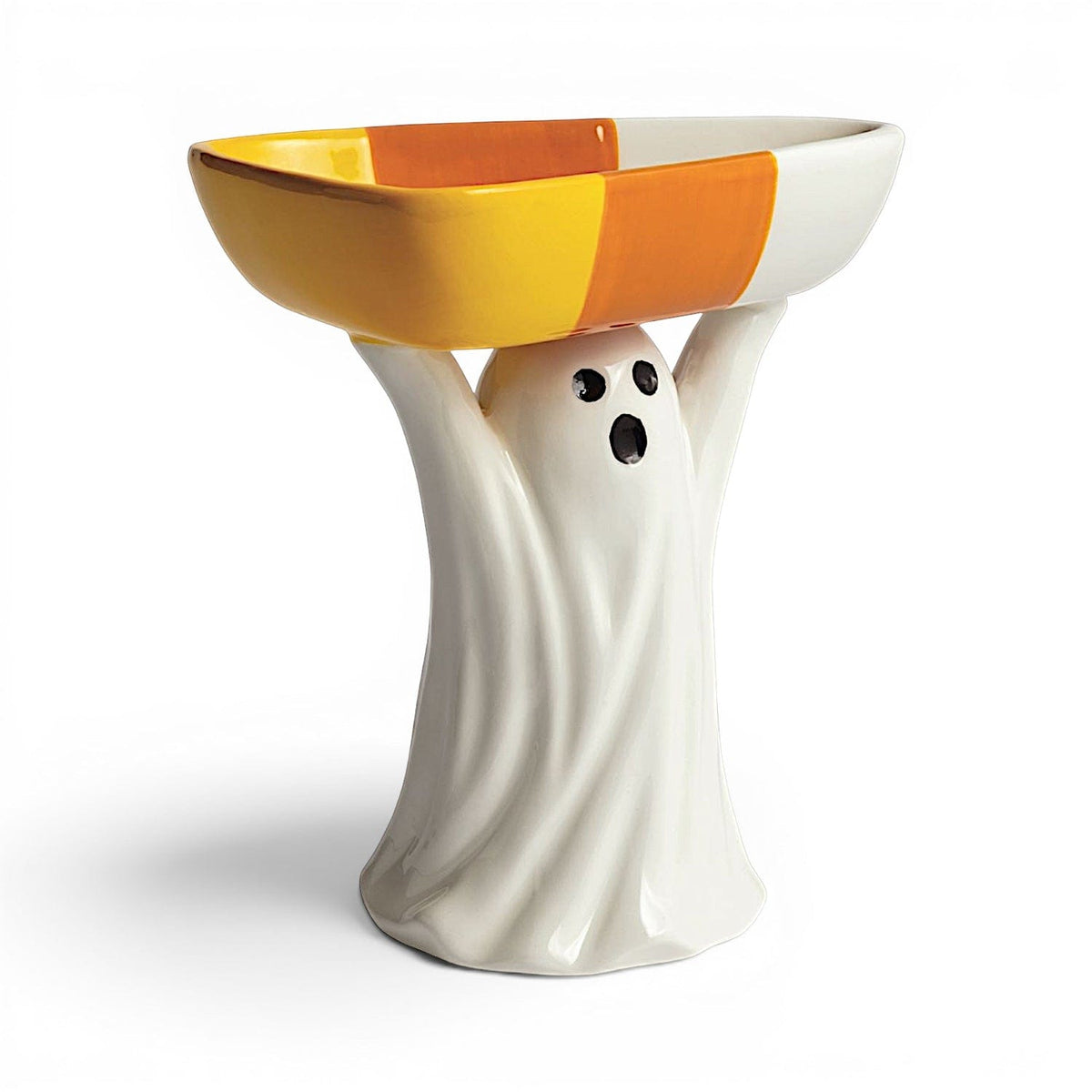 Ceramic ghost figurine holding a candy corn-colored bowl overhead, Halloween candy dish