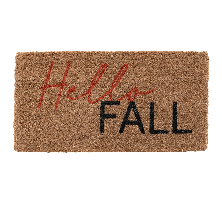 Natural coir doormat with red cursive Hello and bold black FALL text