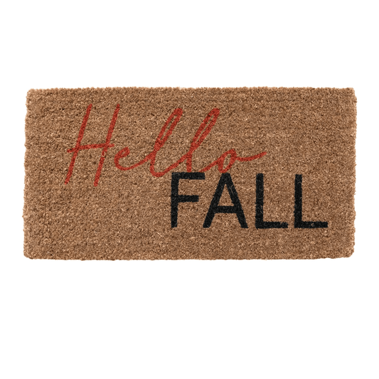 Natural coir doormat with red cursive Hello and bold black FALL text