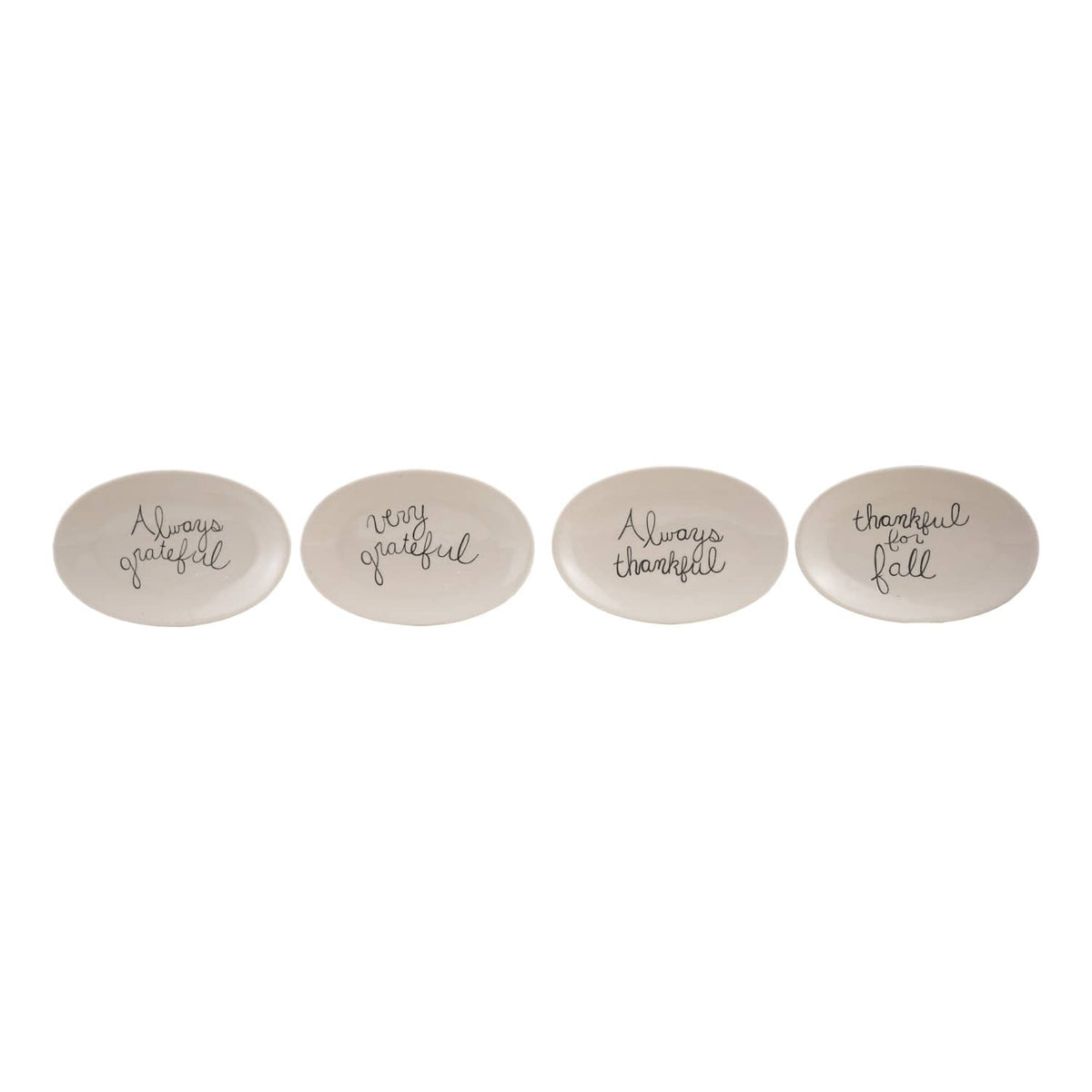 Four oval white stoneware plates with black cursive fall gratitude sayings