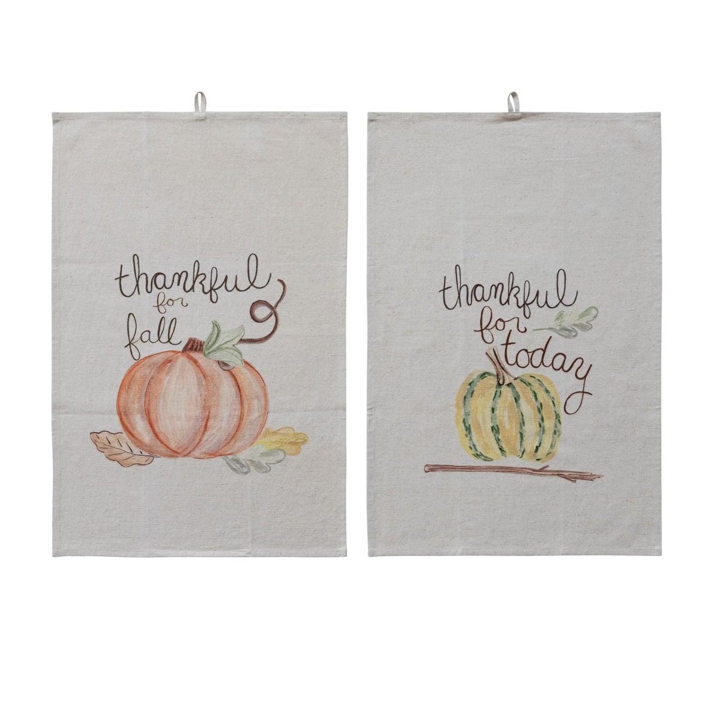 Set of 2 linen tea towels with pumpkin prints and thankful fall sentiments