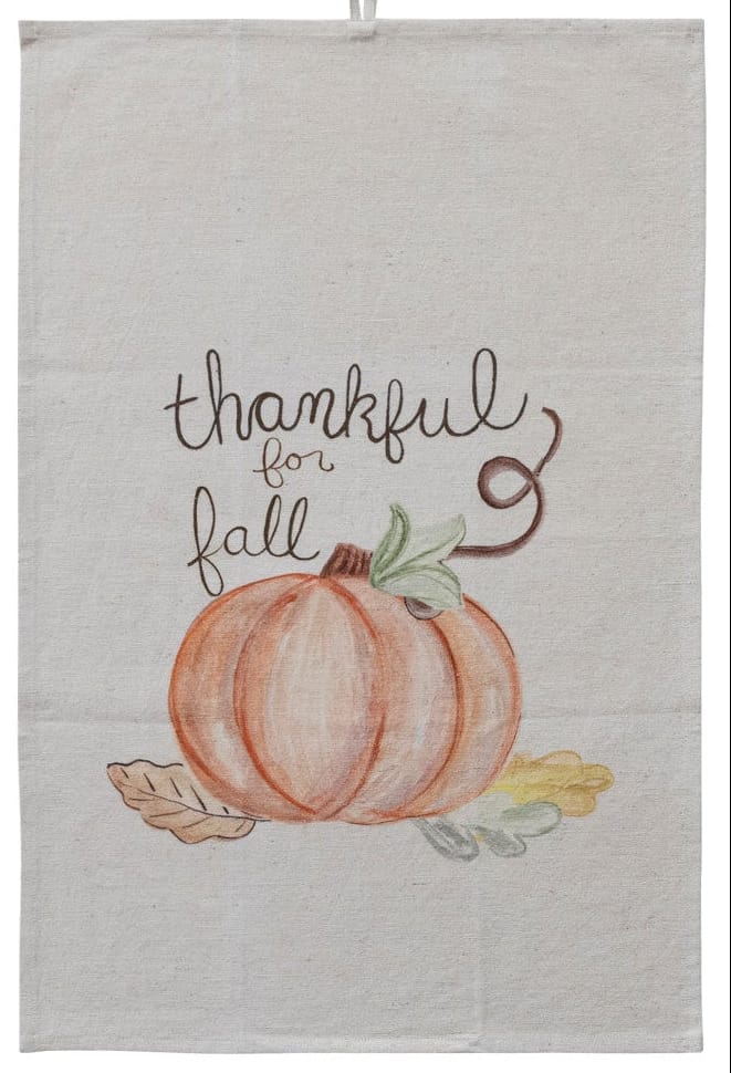 Cream linen tea towel with watercolor pumpkin and thankful for fall script text