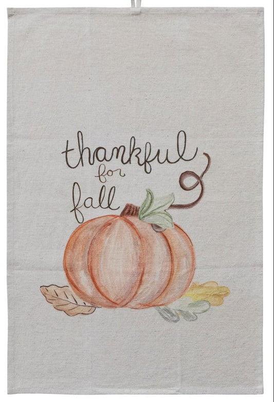 Cream linen tea towel with watercolor pumpkin and thankful for fall script text