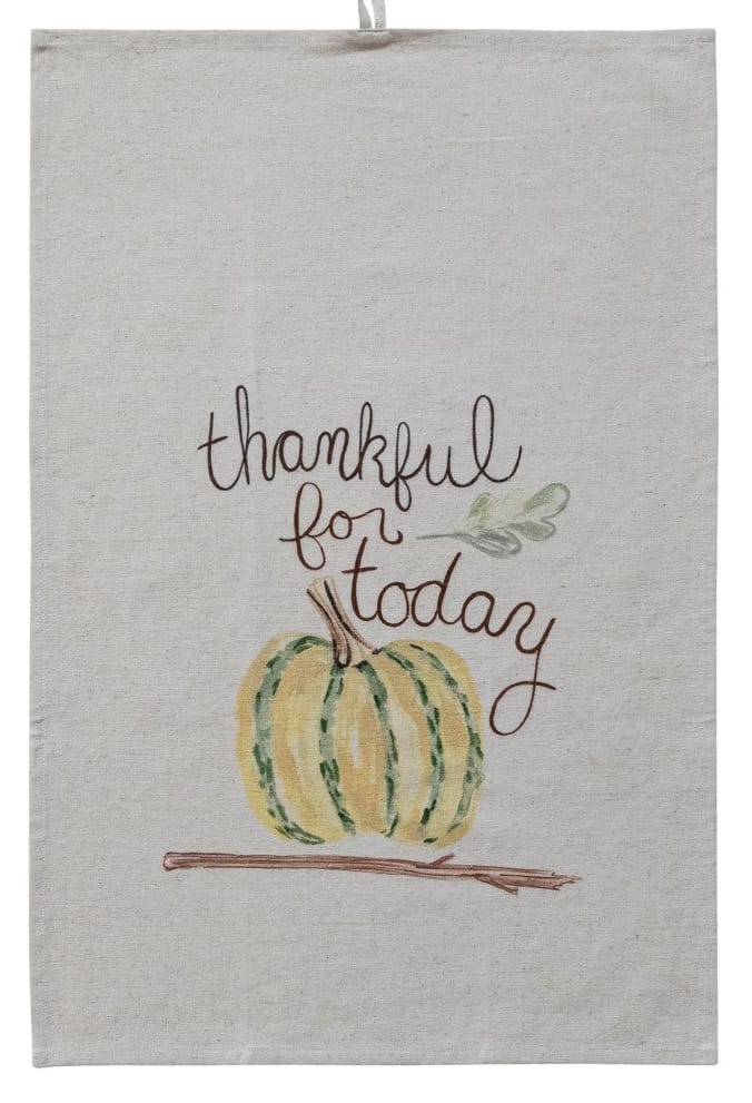 Cream linen tea towel with painted pumpkin and 'thankful for today' text