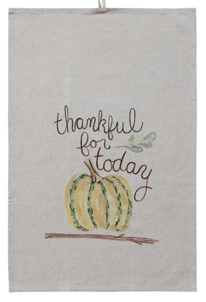 Cream linen tea towel with painted pumpkin and 'thankful for today' text