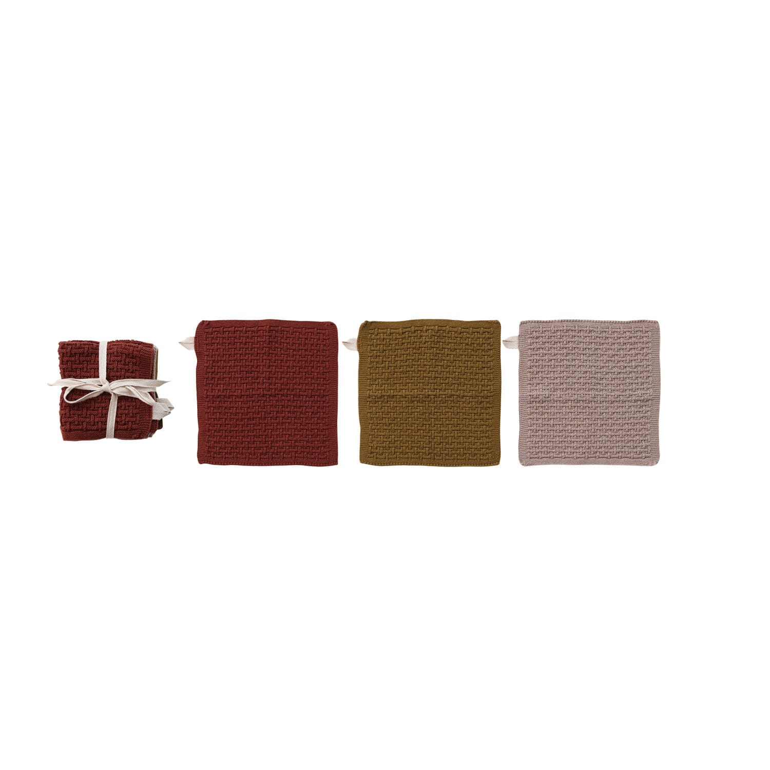 Set of three knit cotton dish cloths in rust, olive, and blush with basket-weave texture