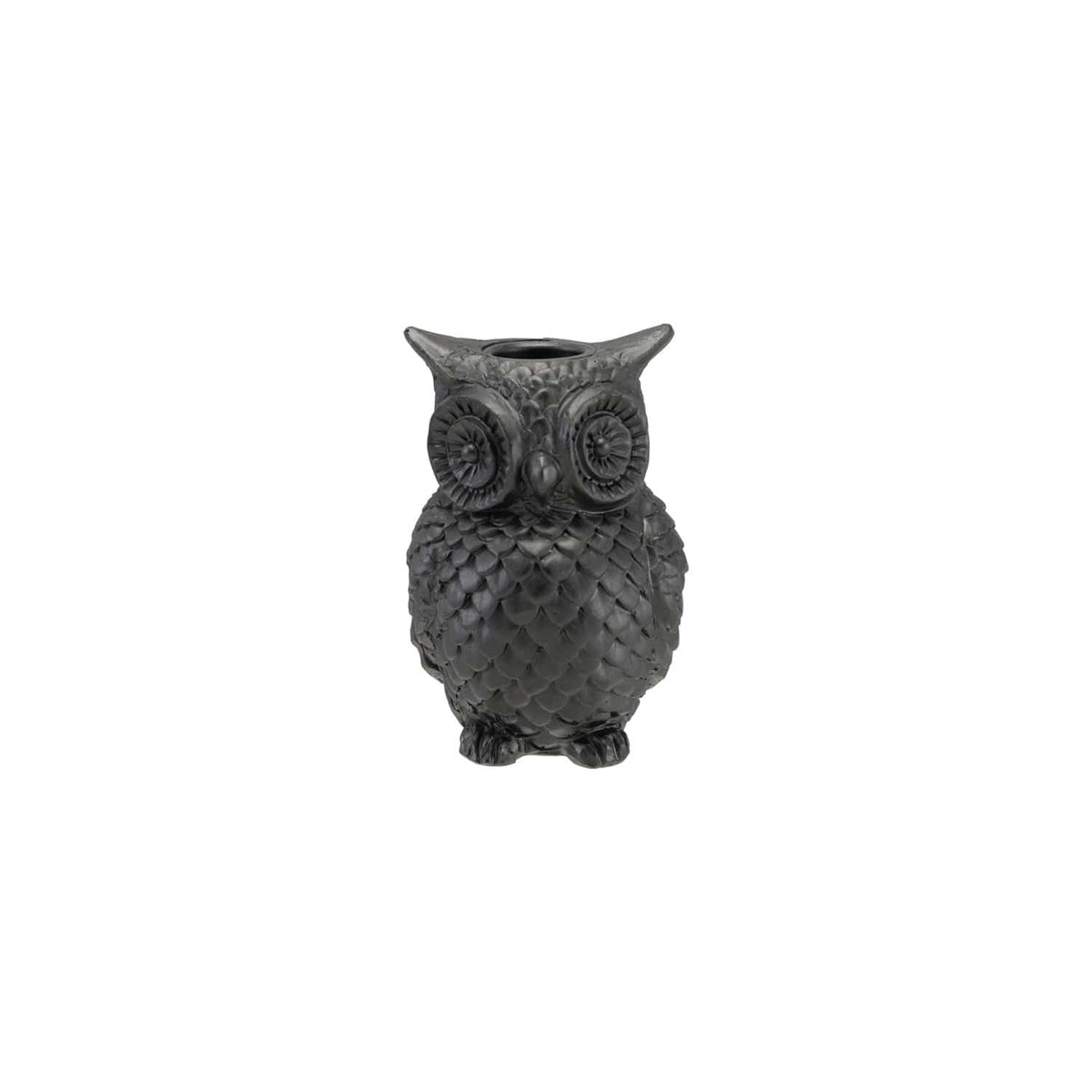 Matte black resin owl taper candle holder with detailed feather and eye sculpting