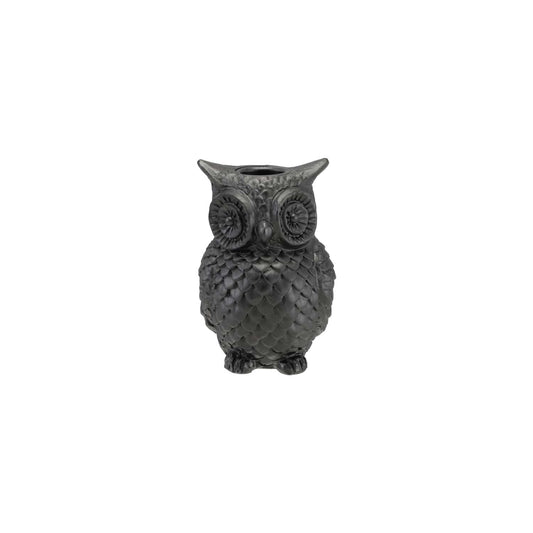 Matte black resin owl taper candle holder with detailed feather and eye sculpting