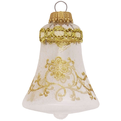 Bell-shaped frosted glass ornament with gold glitter floral scrollwork and decorative gold braid collar