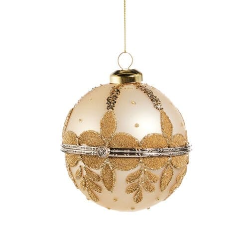 Round hinged jewelry box ornament with gold glitter floral design on champagne matte finish