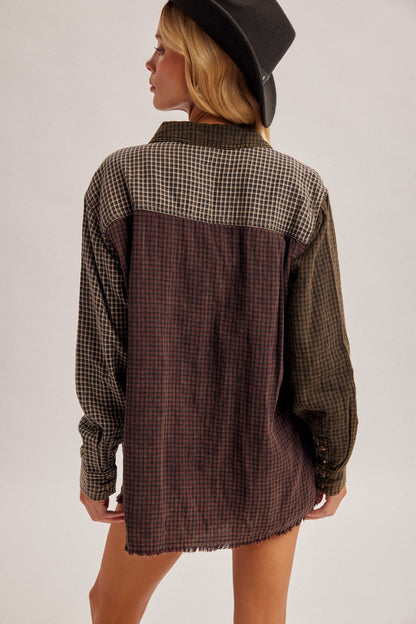 Mixed checker print washed button down shirt in olive and burgundy plaid