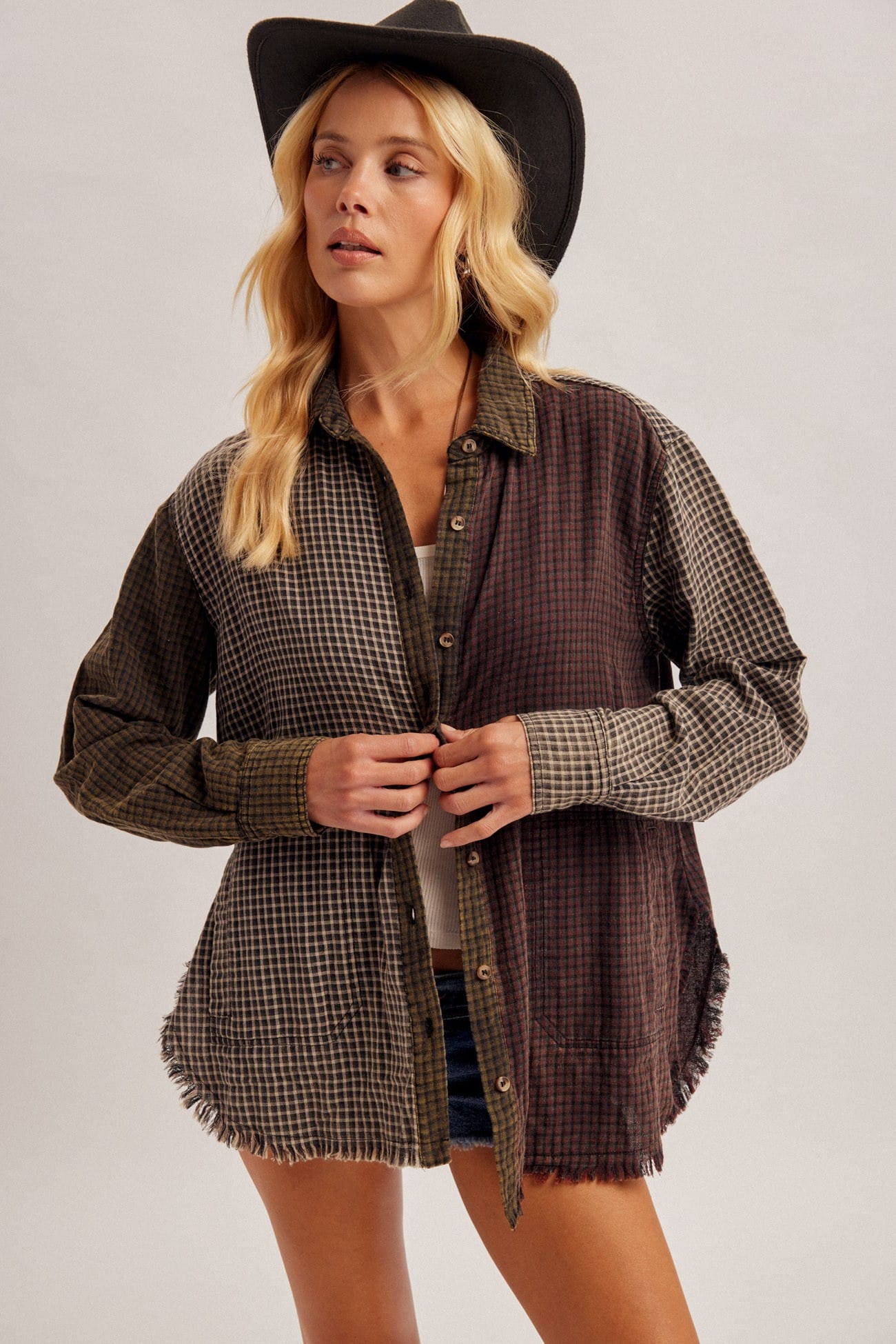 Mixed checker print distressed washed cotton button-down shirt in olive and burgundy