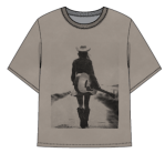 Taupe boyfriend fit graphic tee with cowgirl holding guitar and cowboy boots print