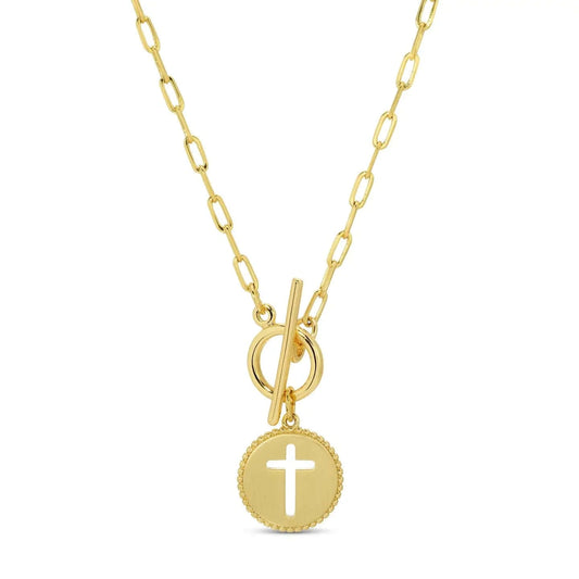 Cross paperclip toggle necklace