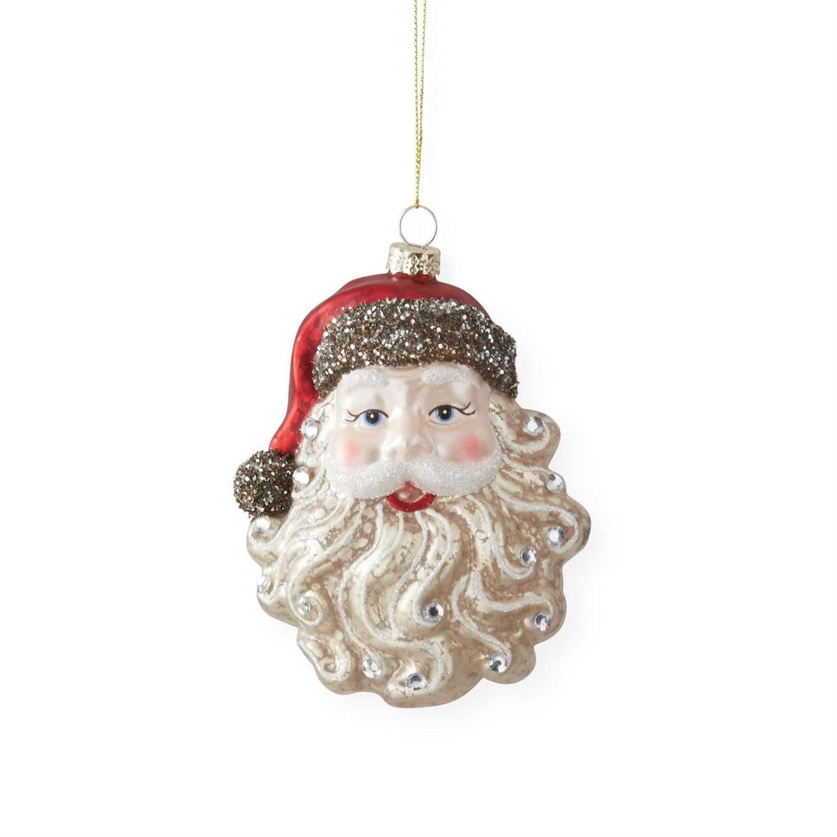 Glass Santa face ornament with curly cream beard, red hat with glitter trim, and rhinestone accents