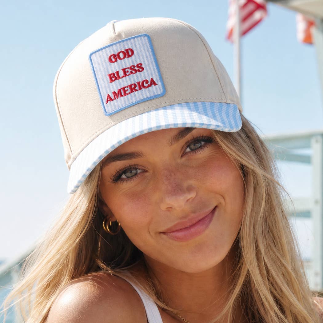 **Pre-Order**  GOD BLESS AMERICA Embroidered Patch Gingham Trucker Hat