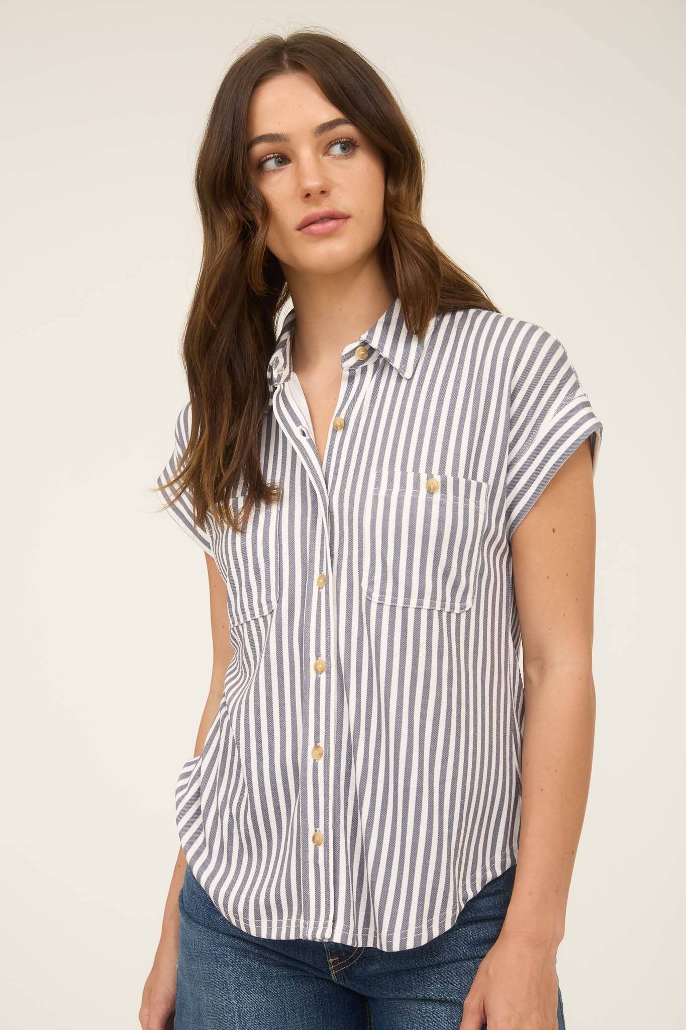 Navy and white vertical stripe short sleeve button-down shirt with chest pockets