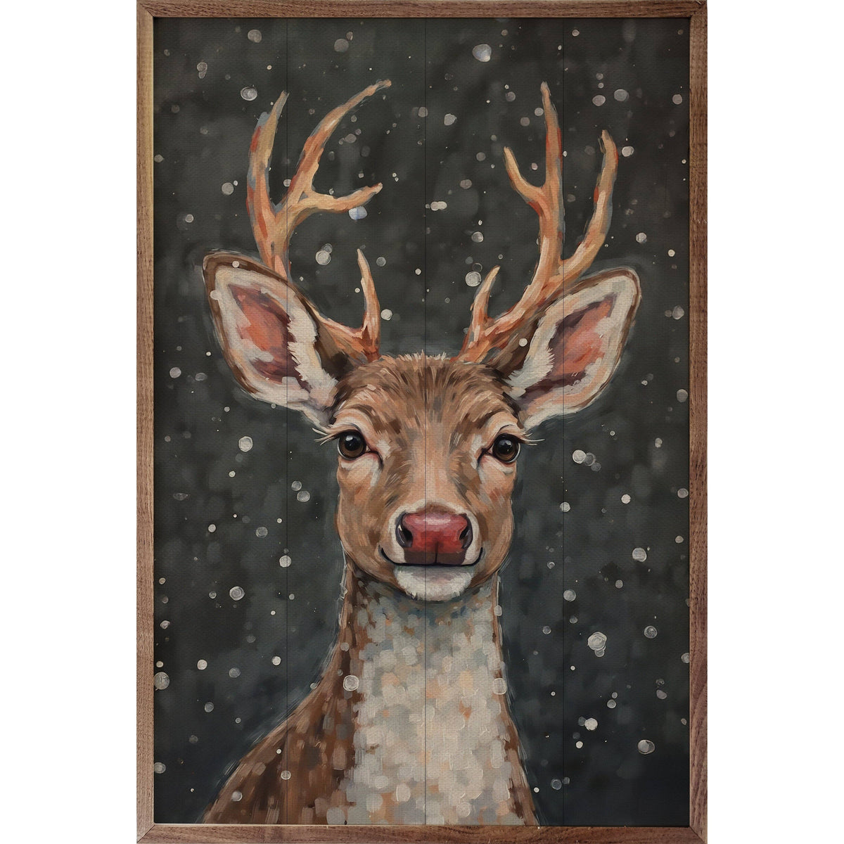 Framed wood plank wall art painting of a reindeer with red nose in snow
