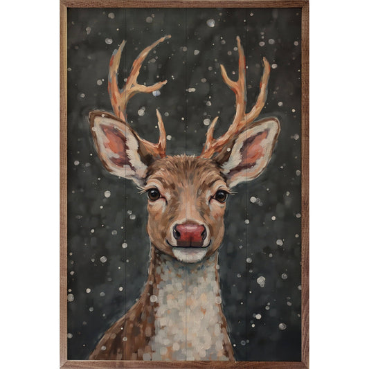 Framed wood plank wall art painting of a reindeer with red nose in snow